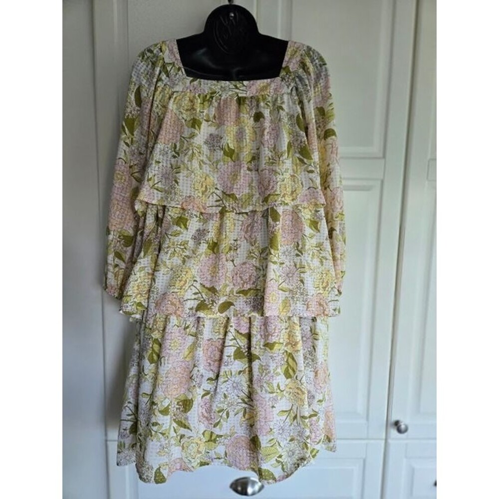 Who What Wear 3/4 Sleeve Ruffled Mini Dress  Pink Green Floral -Small Medium NEW - Picture 2 of 5